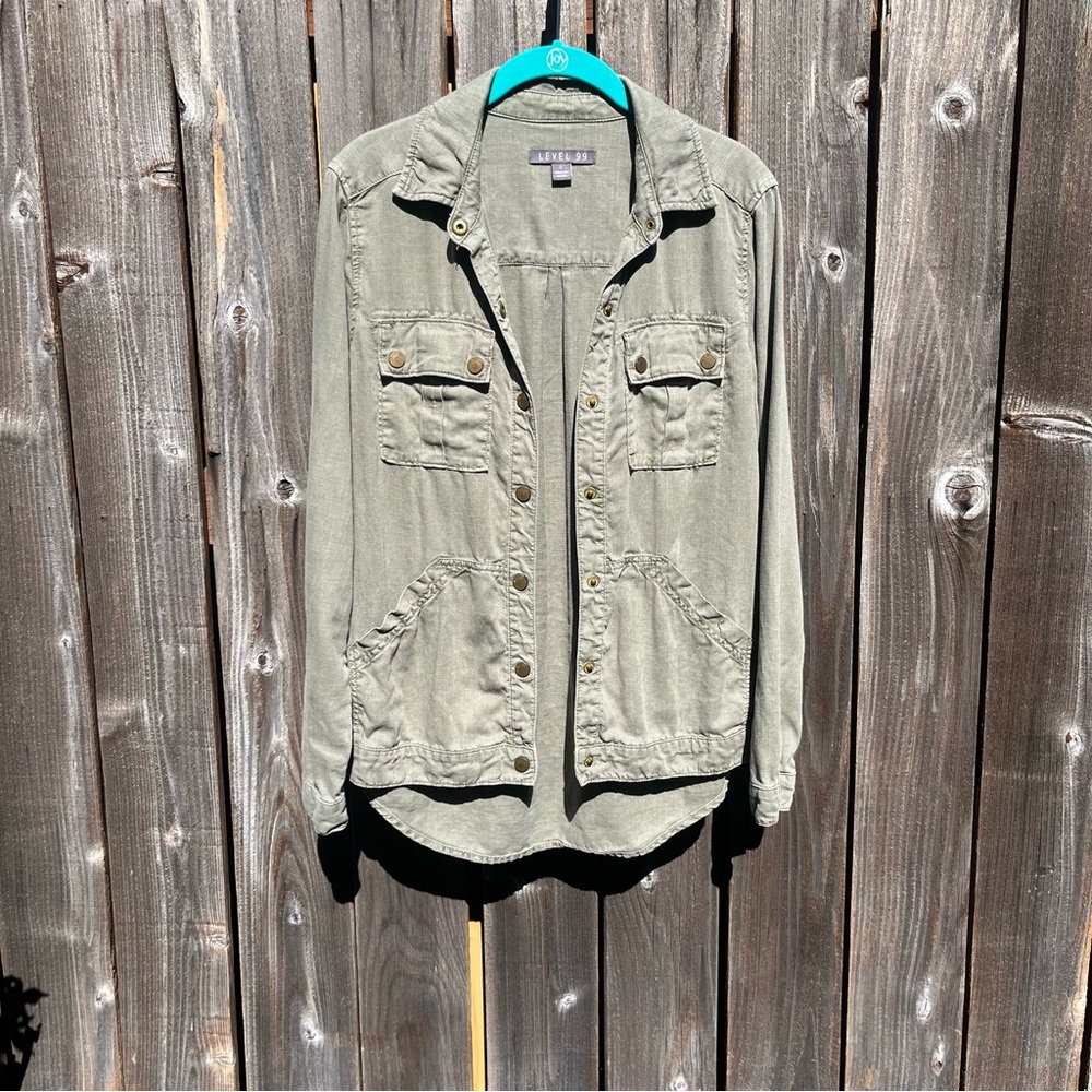 Level 99 linen blend Gina olive green utility jacket shirt size small
